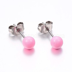 304 Stainless Steel Spray Painted Stud Earrings, Round, Pink, 17x6mm, Pin: 0.8mm, 12pairs/card