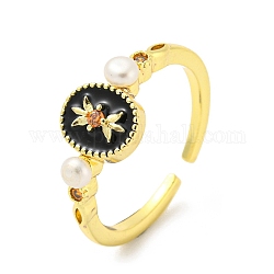 Natural Pearl Flower Open Cuff Ring, Brass Enamel Finger Ring with Cubic Zirconia, Real 14K Gold Plated, US Size 7 1/2(17.7mm)