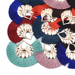 Décorations de gros pendentif pompon en polyester, avec les accessoires en fer, fan, or clair, couleur mixte, 70~75x85~92x3mm, Trou: 1.5mm