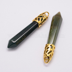 Natural Moss Agate Big Pointed Pendants, with Alloy Findings, Bullet, Golden, 57~63x13x10mm, Hole: 3x4mm