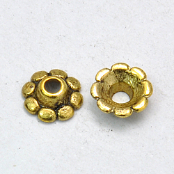 Gorros de cuentas de estilo tibetano, oro antiguo, sin plomo, sin cadmio y níquel, flor, tamaño: aproximamente 8 mm de diámetro, 3 mm de espesor, agujero: 2 mm