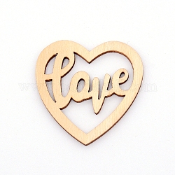Cabochon in legno naturale, undyed, Taglio laser, cuore con la parola amore, Burlywood, 36x36x2 mm, 15 pc / insieme