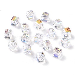 Electroplate cuentas de vidrio transparentes, cubo facetas, arco iris chapado, claro ab, 6x6x6mm, agujero: 1.8 mm