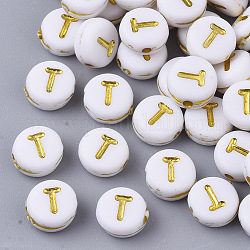 Plating Acrylic Beads, Golden Metal Enlaced, Horizontal Hole, Flat Round with Alphabet, White, Letter.T, 7x3.5mm, Hole: 1.2mm, about 3600pcs/500g
