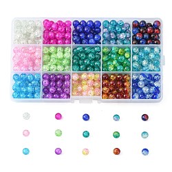Perles de verre craquelé peintes, ronde, avec des conteneurs de stockage de perles en plastique rectangle, couleur mixte, 8mm, Trou: 1.3~1.6mm, environ 450 pcs / boîte