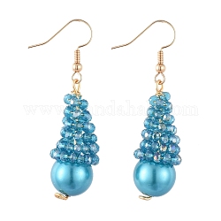 Ohrringe, mit Glas-Perlen, Glasperlen und vergoldete Messingohrringhaken und Kupferdraht, Himmelblau, 50 mm, Stift: 0.7 mm