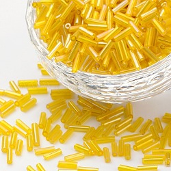 Transparent Colours Rainbow Glass Bugle Beads, AB Color, Yellow, 6x1.8mm, Hole: 0.6mm
