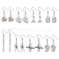 ANATTASOUL 8 Pairs 8 Style Softball Sport Theme Alloy Dangle Earrings, 304 Stainless Steel Jewelry for Women, Antique Silver & Stainless Steel Color, Mixed Shapes, 40~57mm, Pin: 0.6mm, 1 pair/style