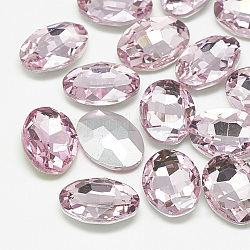 Cabujones de cristal con rhinestone, espalda plateada, facetados, oval, rosa luz, 18x13x5.5mm