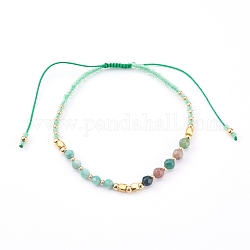 Adjustable Nylon Cord Braided Bead Bracelets, with Natural Indian Agate & Flower Amazonite Beads, Glass Seed Beads and Brass Beads, Golden, Inner Diameter: 2-1/8~3-1/2 inch(5.5~9cm)