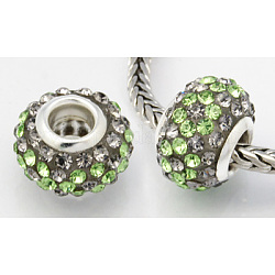Resin European Beads, with Silver Color Brass Double Cores and Rhinestones, Rondelle, Peridot & Crystal, 15x9.4mm, Hole: 5mm