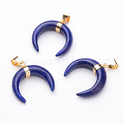 Pendentifs en lapis lazuli naturel, avec les accessoires en laiton de tonalité d'or, double corne / croissant de lune, 35x32x10mm, Trou: 4.5x8mm