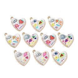 Rack Plating Alloy Enamel Pendants, Evil Eye Heart Charms with Resin, Light Gold, Mixed Color, 22x18.5x3mm, Hole: 1.6mm