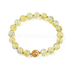 Round Glass Beaded Stretch Bracelet with Gold Plated Brass Ring for Women, Champagne Yellow, Inner Diameter: 2 inch(5cm)