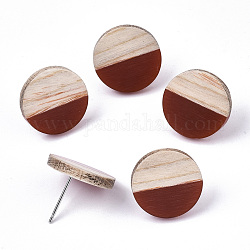 Pendientes de resina y madera, con 304 perno de acero inoxidable, plano y redondo, coco marrón, 15mm, pin: 0.7 mm