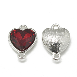 Conectores de enlaces de vidrio de aleación, facetados, corazón, Platino, rojo, 19.5x14x6.5mm, agujero: 1.5 mm