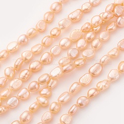 Natural Cultured Freshwater Pearl Beads Strands, Nugget, Light Salmon, 6~9x6~7mm, Hole: 0.5mm, about 47pcs/strand, 14.1~14.3 inch(36~36.5cm)