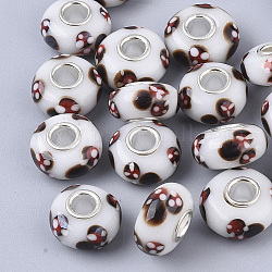 Handmade Lampwork European Beads, Large Hole Beads, with Silver Color Plated Brass Single Cores, Rondelle, Camel, 14x7.5mm, Hole: 4mm
