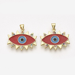 Brass Micro Pave Cubic Zirconia Pendants, with Enamel, Evil Eye, Red, 21x25.5x1.5mm, Hole: 3x4mm