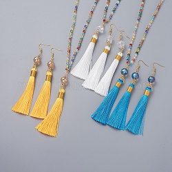 Polyester Tassel Pendant Jewelry Sets, Pendant Necklaces and Dangle Earrings, with Glass Beads and Golden Tone Brass Earring Hooks, Mixed Color, 31.5 inch(80cm), 120mm, Pin: 0.6mm