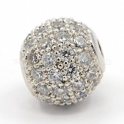 CZ Jewelry Brass Micro Pave Cubic Zirconia Round Beads, Clear, Platinum, 8mm, Hole: 1.5mm