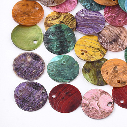 Pendentifs coquille peinture aérosol akoya naturelle, pendentifs coquille en nacre, plat rond, couleur mixte, 15x1~3mm, Trou: 1.1~1.5mm