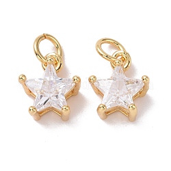 Brass Micro Pave Clear Cubic Zirconia Charms, with Jump Ring, Cadmium Free & Lead Free, Star, Golden, 10.5x8.5x5.5mm, Hole: 3.2mm