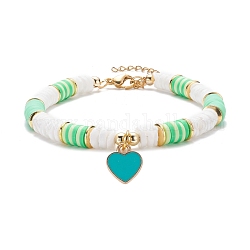 Armband mit Herzanhänger, Heishi-Surfer-Armband aus Fimo, Preppy-Schmuck für Frauen, golden, grün, 7-5/8 Zoll (19.4 cm)