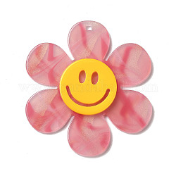 Pendenti grandi in acrilico bicolore, fiore con la faccia sorridente, corallo luce, 55x50x4.5mm, Foro: 1.8 mm