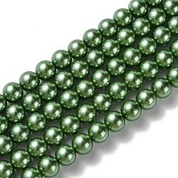 Fili di perle rotonde di perle di vetro tinto ecologico, cavetto in cotone filettato, verde, 8mm, Foro: 0.7~1.1 mm, circa 52pcs/filo, 15 pollice