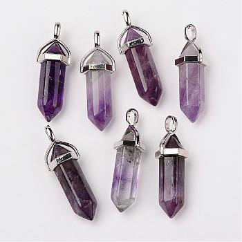 Natural Amethyst Double Terminated Pointed Pendants, with Random Alloy Pendant Hexagon Bead Cap Bails, Bullet, Platinum, 37~40x12mm, Hole: 3mm