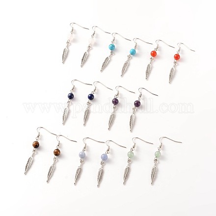 Feather Alloy Natural & Synthetic Mixed Stone Dangle Earrings EJEW-JE01999-1