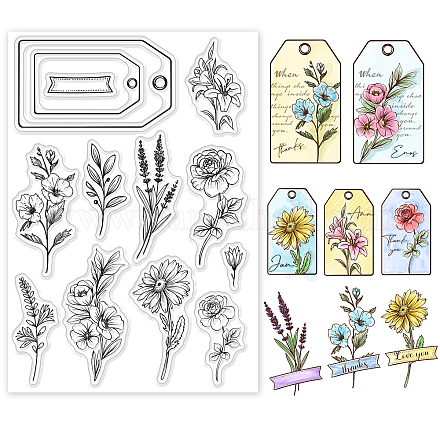 GLOBLELAND Sketch Flowers Silicone Clear Stamp Flowers Background Transparent Silicone Stamp Label Box Rubber Stamp for Tags Scrapbook Journal Card Making DIY-WH0167-56-884-1