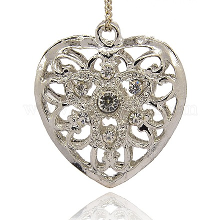 Platinum Plated Alloy Rhinestone Hollow Heart Pendants for Women Necklace Making ALRI-J079-01P-1