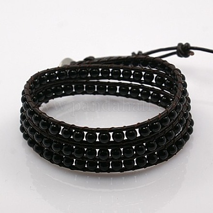 Fashion Triple Wrap Style Black Glass Bracelets BJEW-J058-11-1
