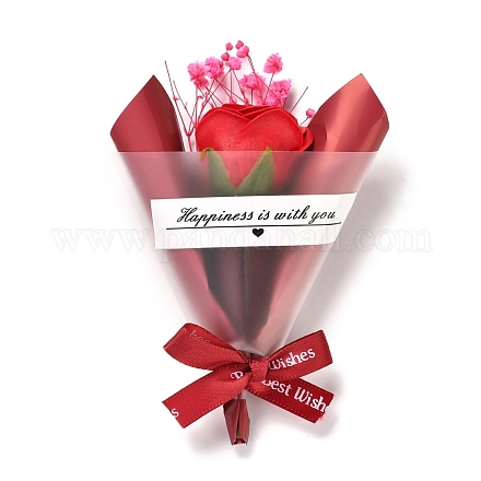 バレンタインデーのテーマミニドライフラワーブーケ  リボン付き  ギフトボックス包装装飾用  レッド  110x81x31mm DIY-C008-01A-1
