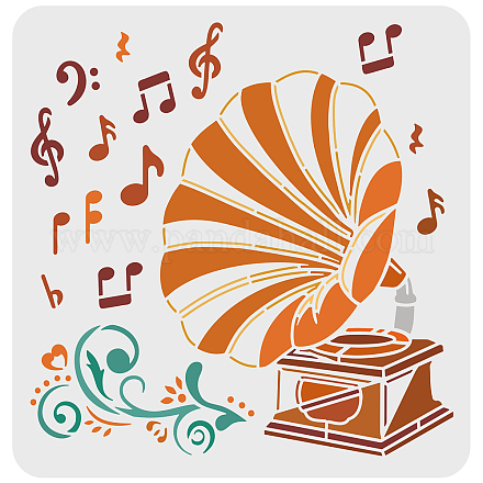 FINGERINSPIRE Gramophone Stencil 30x30cm Reusable Classic Music Phonograph Record Drawing Stencil Music Notes Painting Stencil Flower Stencil for Painting on Wall DIY-WH0172-985-1