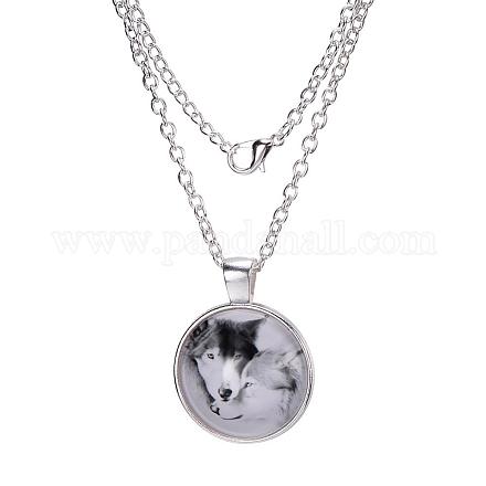 Wolf Pattern Flat Round Glass Pendant Necklaces X-NJEW-N0051-013S-02-1