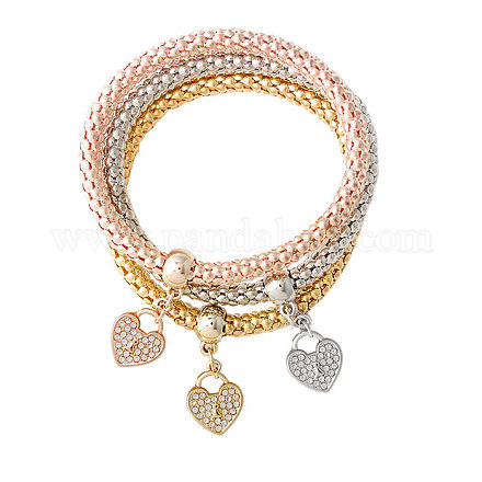 Three-colour Heart Lock Alloy Rhinestone Popcorn Chain Stretch Bracelets BJEW-N0001-048-1