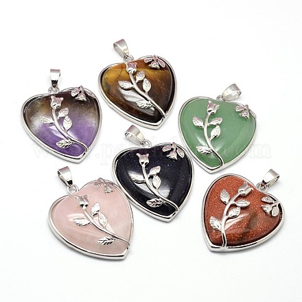 Heart with Flower Platinum Plated Brass Natural & Synthetic Mixed Stone Pendants G-F228-31-RS-1