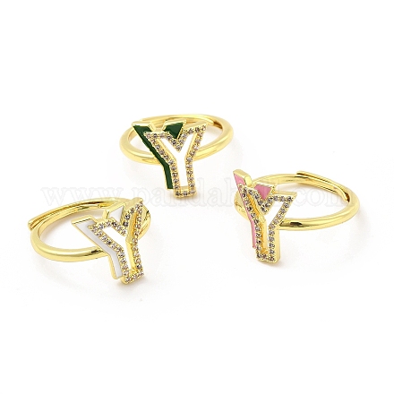 Mixed Color Enamel Initial Letter Adjustable Ring with Clear Cubic Zirconia RJEW-P045-01G-Y-1