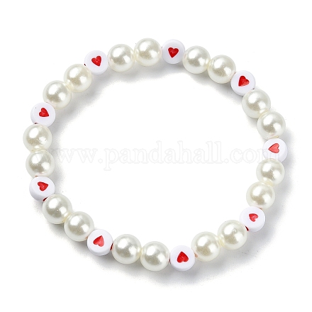 Braccialetti elasticizzati con perline acriliche a forma di cuore e perle imitate BJEW-JB10025-1