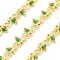 Glass Link Chains, with Brass Chains, Long-Lasting Plated, Lead Free & Cadmium Free, Rack Plating, Real 18K Gold Plated, Soldered, with Spool, Green, 4x5x0.5mm