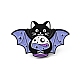 漫画猫エナメルピン  バックパックの服のための電気泳動黒メッキ合金バッジ  ライラック  バット模様  18.5x30x1.5mm JEWB-J005-06D-EB-1