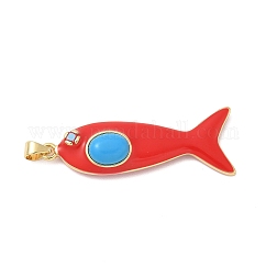 Micro latón peces allanan colgantes de circonio cúbico, con esmalte y turquesa sintética, chapado en rack, Plateado de larga duración, sin plomo y el cadmio, rojo, 43x16x9mm, agujero: 4x3.5 mm