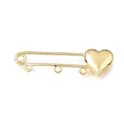 Spille da balia a forma di cuore in ottone, componenti per spille, spille da kilt con anelli tripli per la realizzazione di spille da bavero, cadmio& piombo &nichel libero, vero placcato oro 18k, 11.5x39.5x4.5mm, Foro: 1.5 mm