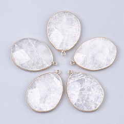 Quarzo naturale pendenti in cristallo, pendenti in cristallo di rocca, con accessori di ottone, sfaccettato, lacrima, oro, 44~45x31.5x8mm, Foro: 2.5 mm