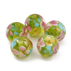 Perles rondes au chalumeau, motif de pétale de fleur de prunier, avec le trou, vert clair, 12mm, Trou: 1.8mm