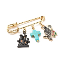 Alfiler de seguridad con dije de esmalte de aleación de castillo y cuervo de halloween con cruz turquesa sintética&nbsp;JEWB-BR00069-04