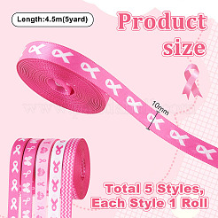 5 rollen 5 arten polyester welle/brustkrebs awareness ribbon gedruckt band&nbsp;OCOR-PH0004-22